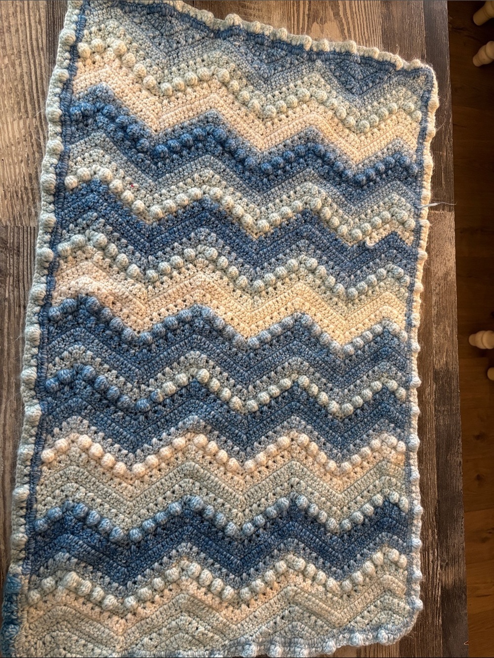 Handmade crochet Blue and Cream Chevron Pom-Pom Throw Blanket